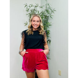 Hot Pink Velvet Scalloped Shorts - Southern Roots Clothing Company