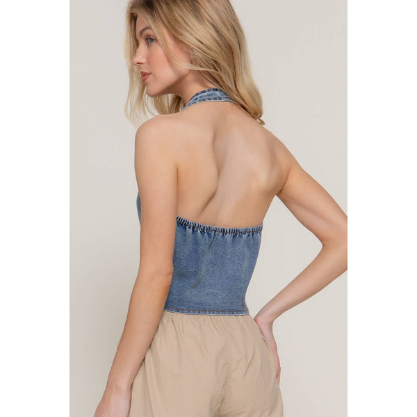 Button Down Stretch Denim Halter Top