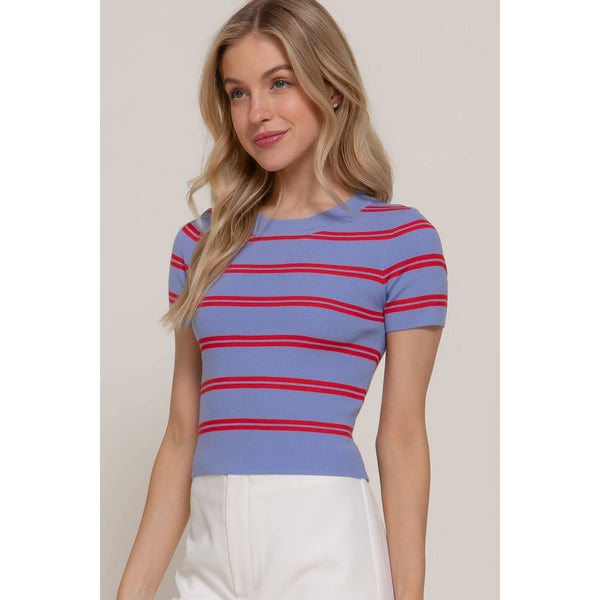 Short Sleeve Crew Neck Striped Sweater