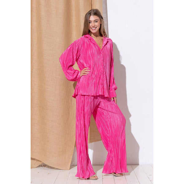 Accordion Pleat Button Blouse Pant Lounge Set