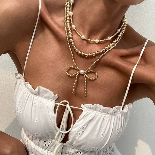 MULTILAYER BALL CHAIN BEAD PEARL BOW NECKLACE