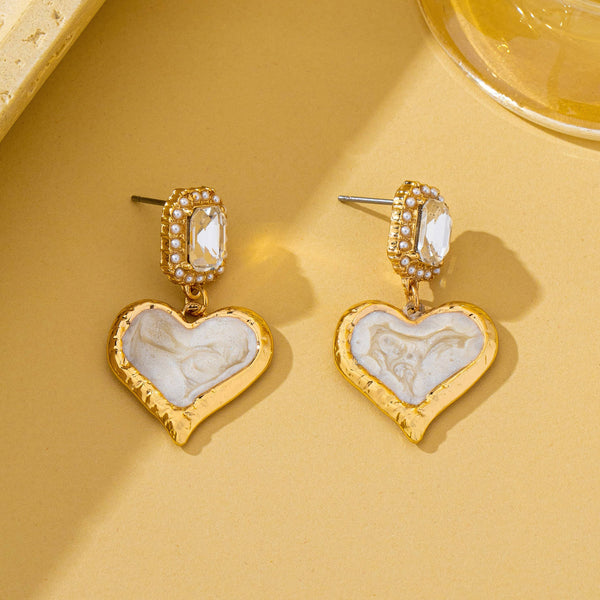 Marbled Enamel Heart Crystal Drop Earrings