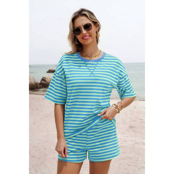 1 the Woman - Striped Cotton Pullover Short 2 PC Sets S-4X