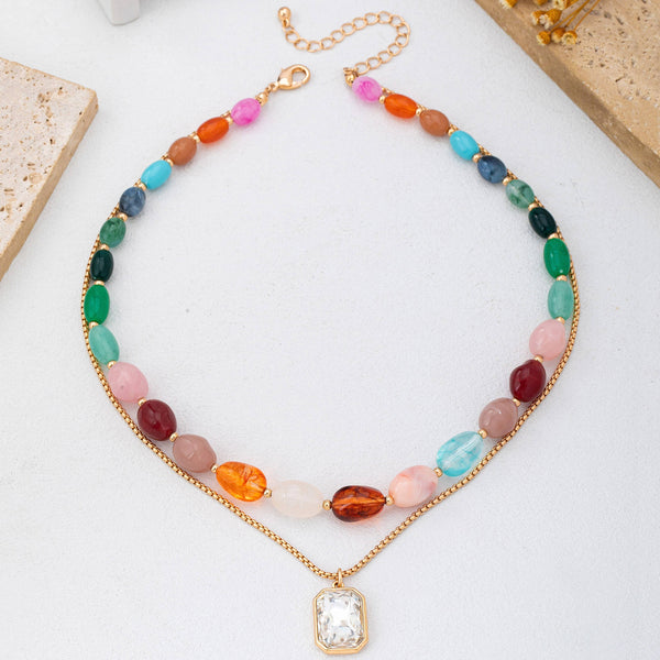 JOSSLYN by wall to wall - 
Multi-Color Stone & Crystal Pendant Necklace | 80N92955
