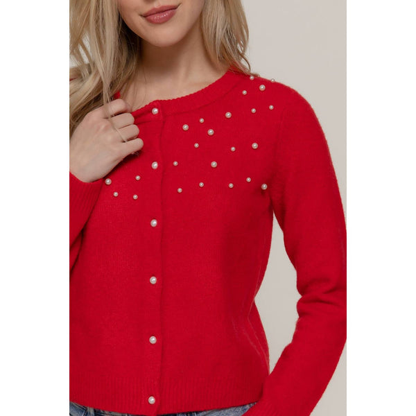 Pearl Embellished Sweater Cardigan - Red