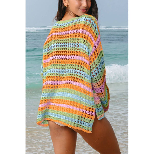 Multi Stripe Open Knit Sweater Beach Cover Up
