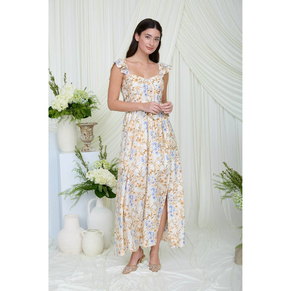 FLORAL WAIST TIE FRONT SLIT SLEEVELESS MIDI DRESS
