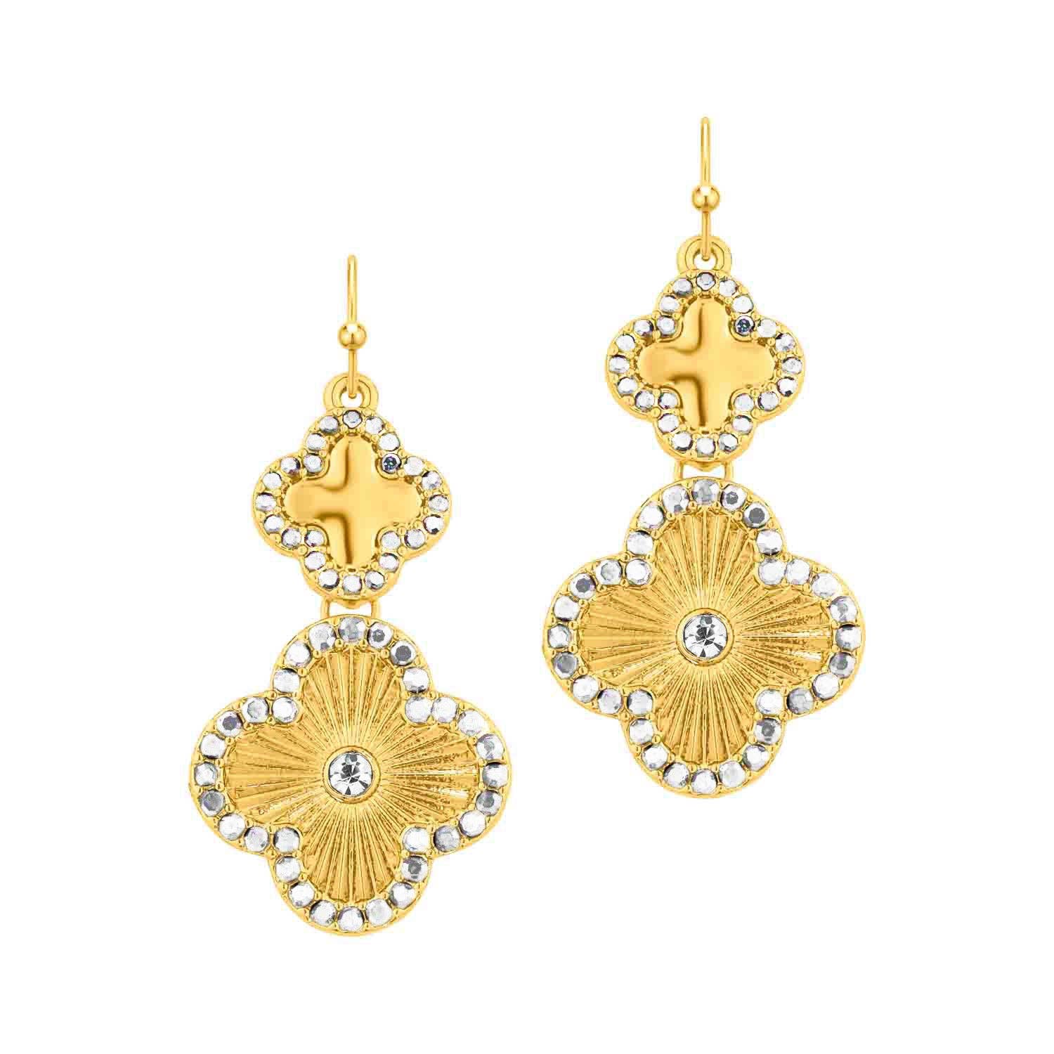 Gold Double Clover with Rhinestone Drop Earring
