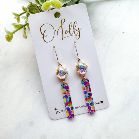 AB Stone w/Multicolored Acrylic Bar Earrings