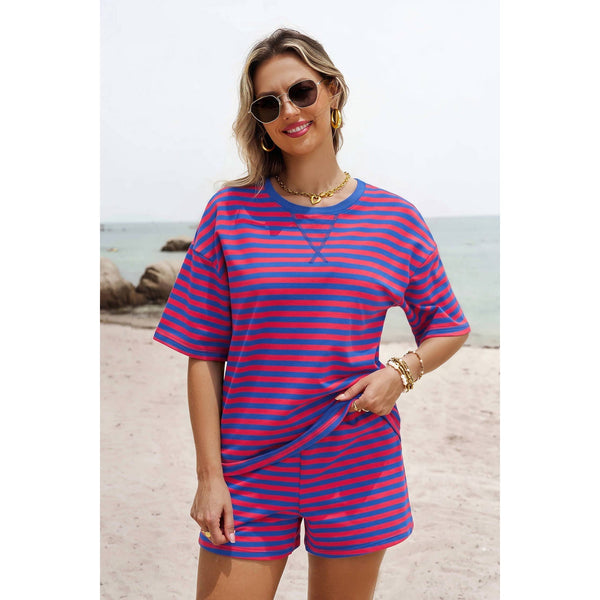 1 the Woman - Striped Cotton Pullover Short 2 PC Sets S-4X