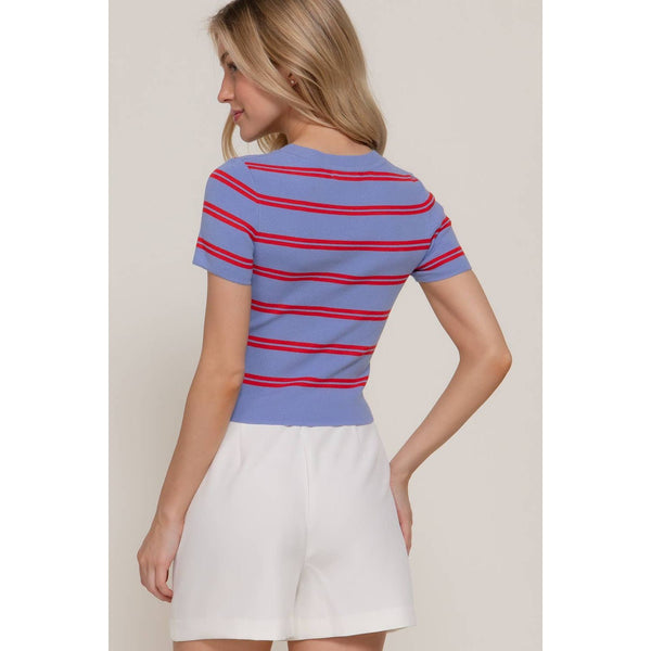 Short Sleeve Crew Neck Striped Sweater