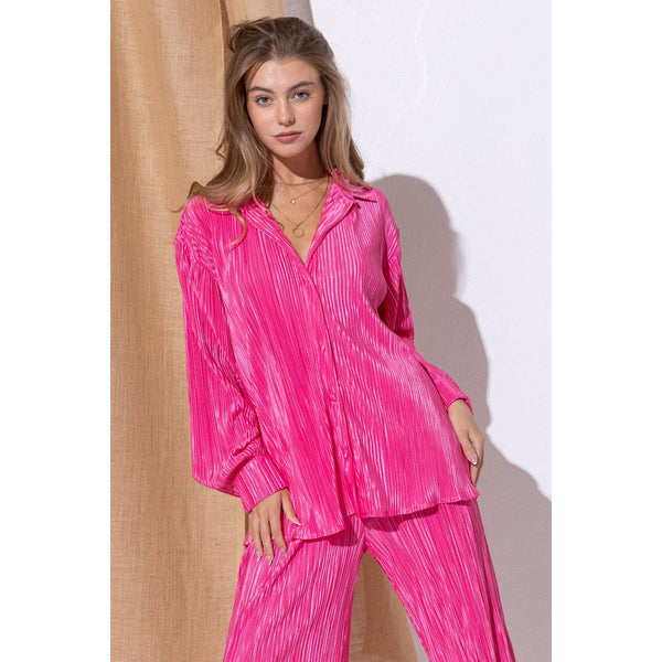 Accordion Pleat Button Blouse Pant Lounge Set