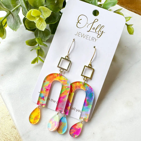 O’Lolly “Macy” Earrings - Gold Square W/Colorful Acrylic Dangles
