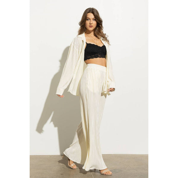 Accordion Pleat Button Blouse Pant Lounge Set