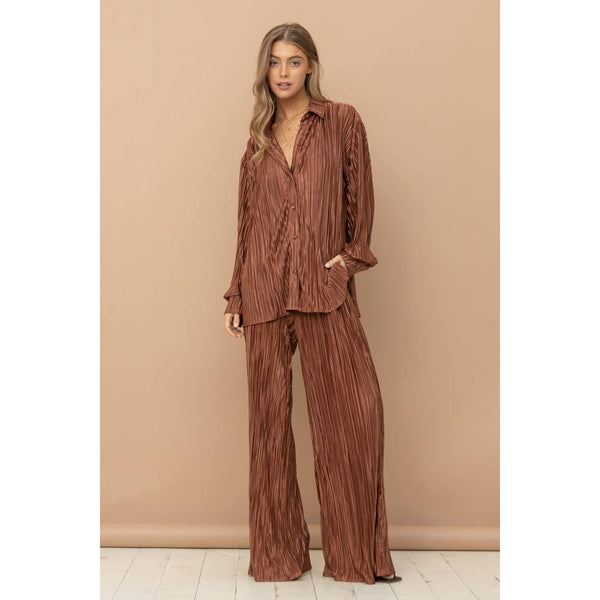Accordion Pleat Button Blouse Pant Lounge Set