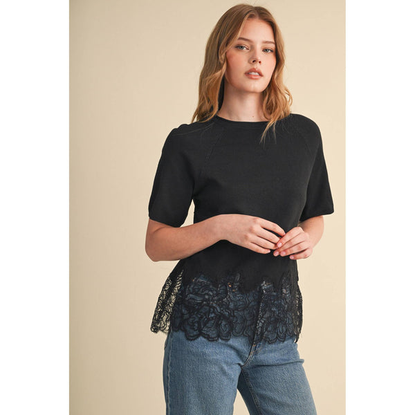 Lace Trim Black Short Sleeve Top
