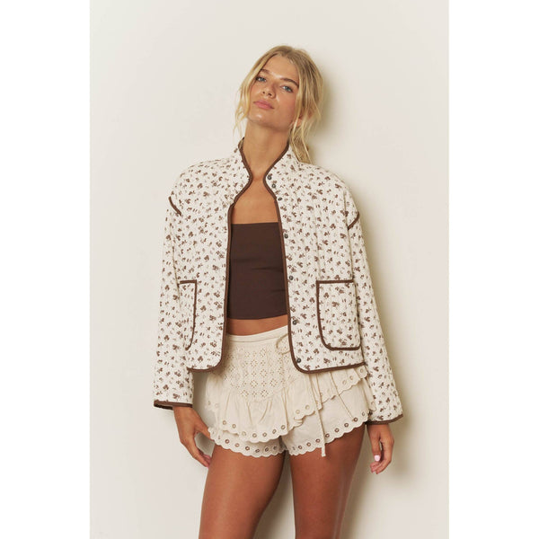FLORAL PRINT SNAP BUTTON QUILTED JACKET - Cream/Brown