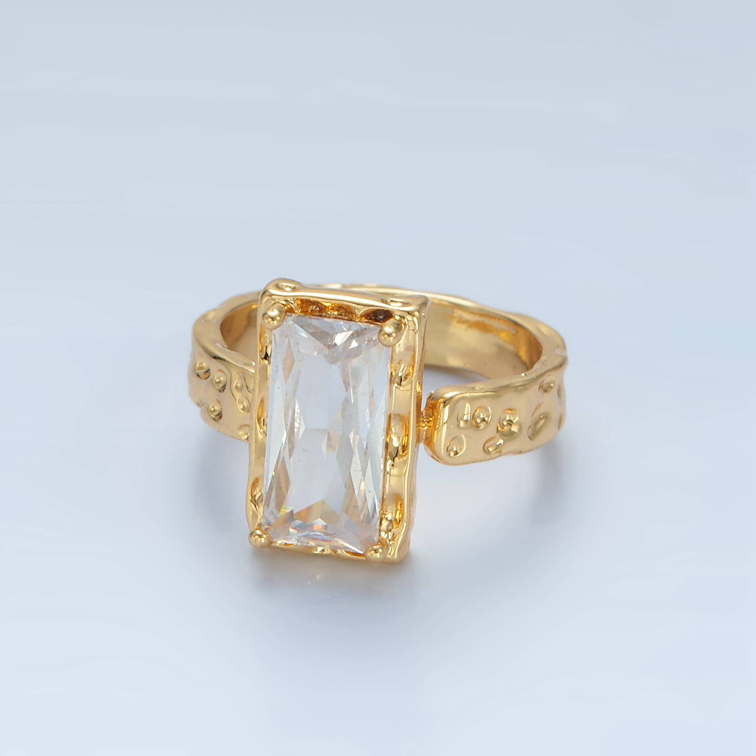 24K Gold Filled Clear CZ Hammered Baguette Band Ring