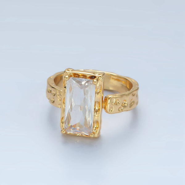 24K Gold Filled Clear CZ Hammered Baguette Band Ring