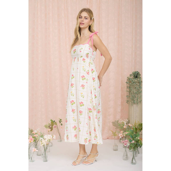 FLORAL TILE PATTERN SCALLOPED TIE STRAP MIDI DRESS