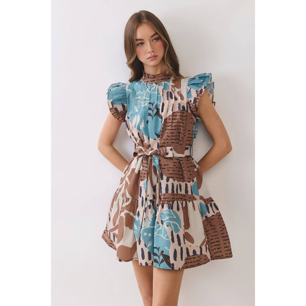 Abstract Print Ruffle Sleeve Mini Dress