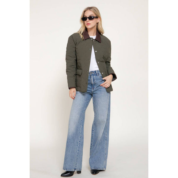Long Sleeve Lapel Collar Quilted Puffer Jacket