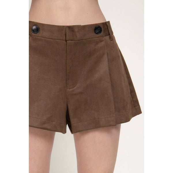 Suede Shorts With Buttons And Pleats - Mocha Brown