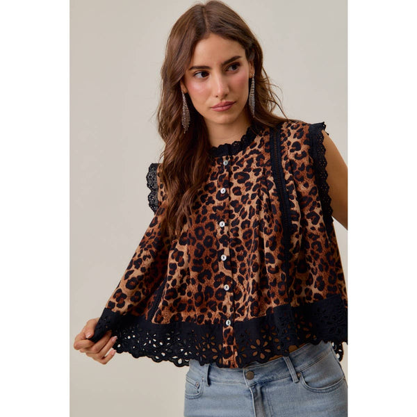 So Me - LEOPARD BUTTON UP PLEATED SLEEVELESS BLOUSE TOP