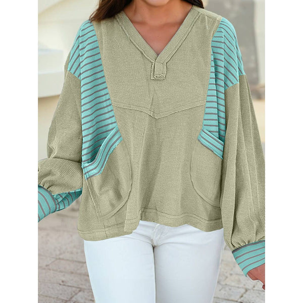 Exposed Seam Waffle Striped Patchwork Baggy Pullover