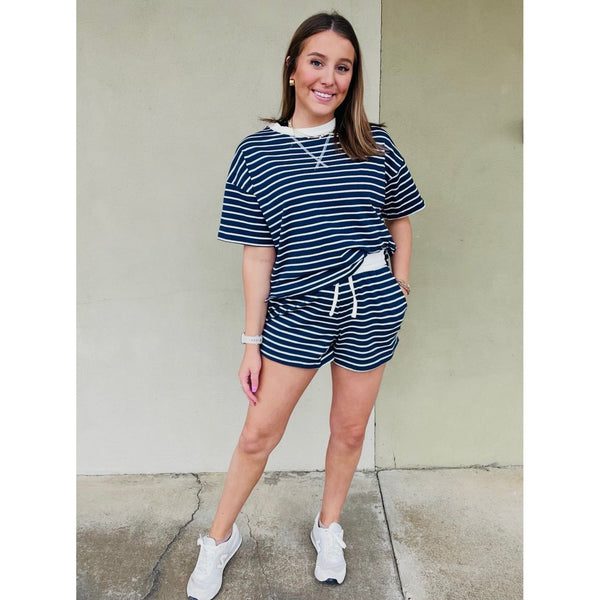 Striped Round Neck Tee & Shorts Set
