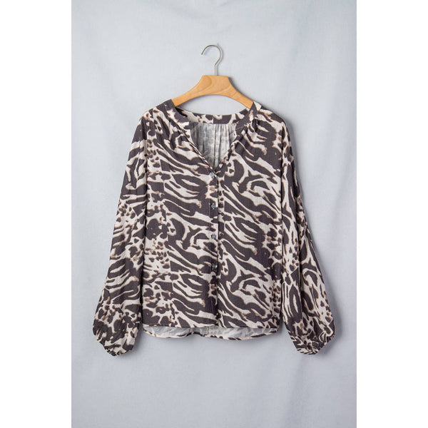 1 the Woman - Leopard Button‑Down Blouse Puff Long Sleeve Western Top