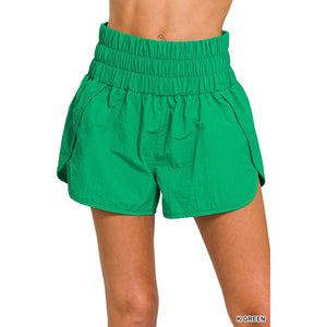 Windbreaker Smocked Waist Shorts- Kelly Green