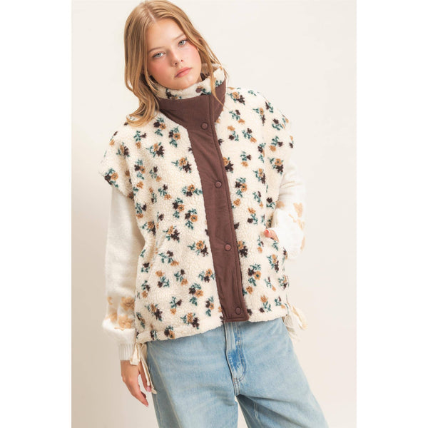 Floral Sherpa Vest With Corduroy