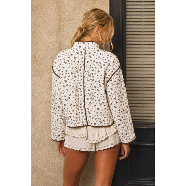 FLORAL PRINT SNAP BUTTON QUILTED JACKET - Cream/Brown