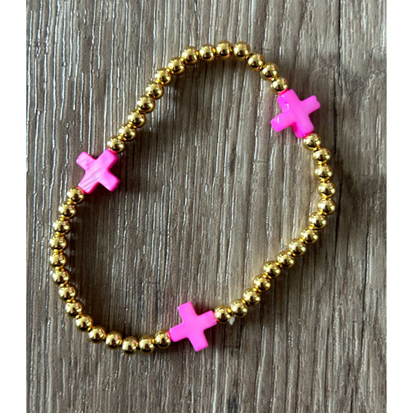 Gold with Colored Cross Beaded Stretch Bracelet