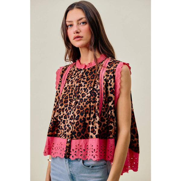 So Me - LEOPARD BUTTON UP PLEATED SLEEVELESS BLOUSE TOP