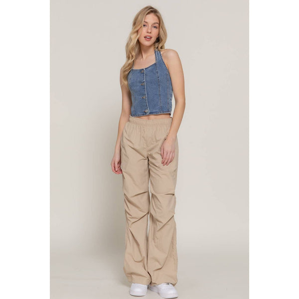 Button Down Stretch Denim Halter Top
