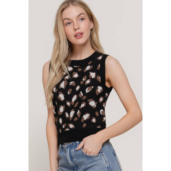 Sleeveless Round Neck Leopard Jacquard Sweater Top