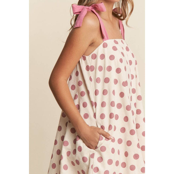 A-line Polka-dot Sleeveless Mini Dress - Dusty Pink
