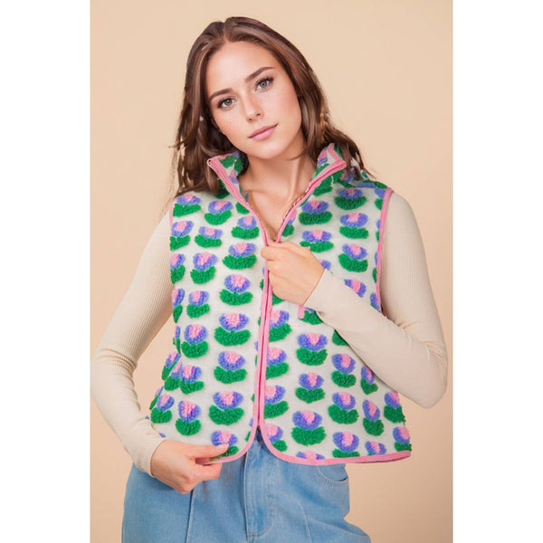 Textured Bow & Floral Printed Vest