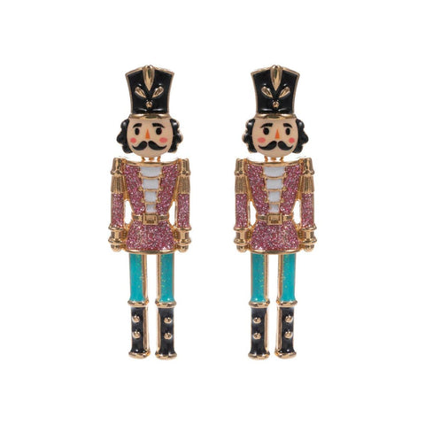 Pink Metal Color Coated Nutcracker 2" Christmas Earring