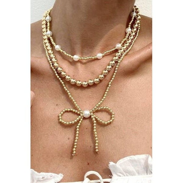 MULTILAYER BALL CHAIN BEAD PEARL BOW NECKLACE