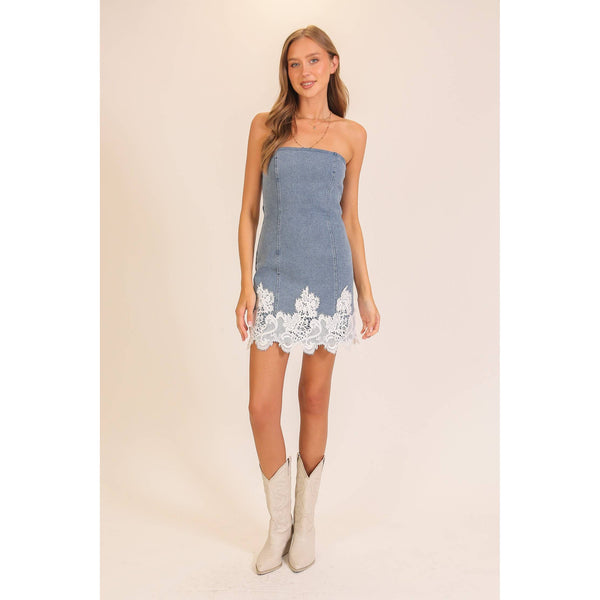 Lace Trim Denim Strapless Mini Dress