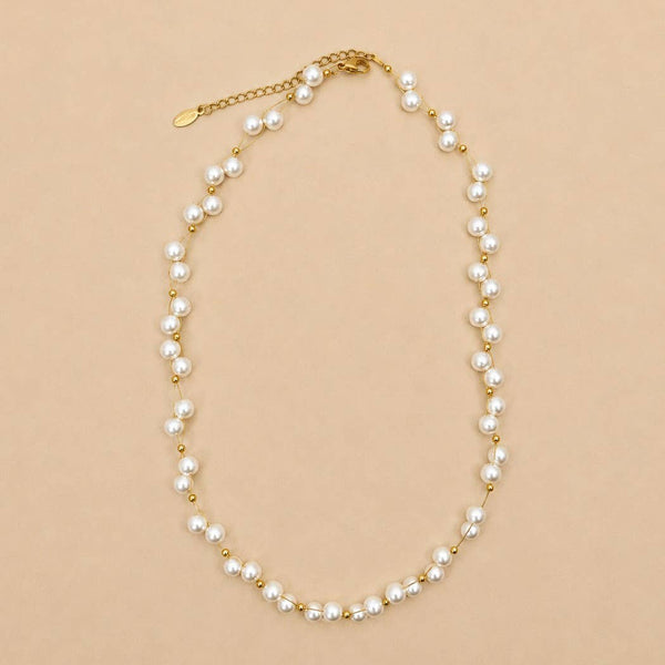 JOSSLYN by wall to wall - Faux Baroque Pearl & Gold Wire Station Necklace | 40NK9791