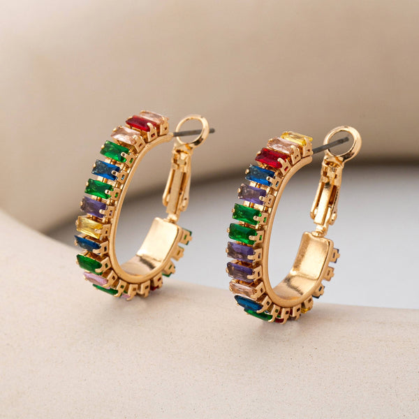 JOSSLYN by wall to wall - Multicolor Baguette Crystal Hoop Earrings | 80E62401