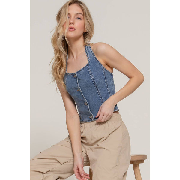 Button Down Stretch Denim Halter Top
