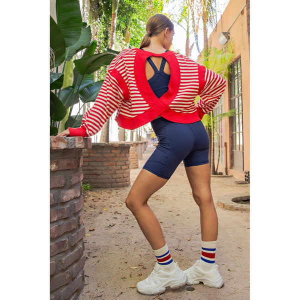 Striped Open Back Long Sleeve Top