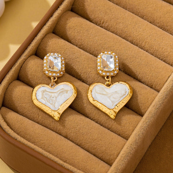 Marbled Enamel Heart Crystal Drop Earrings