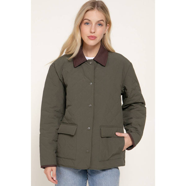 Long Sleeve Lapel Collar Quilted Puffer Jacket