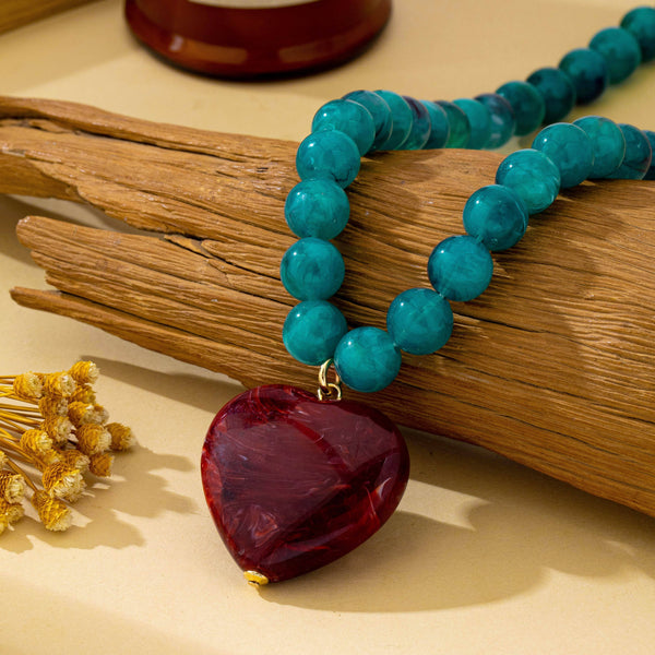 JOSSLYN by wall to wall - Marbled Bead Heart Pendant Statement Necklace | 80N93830